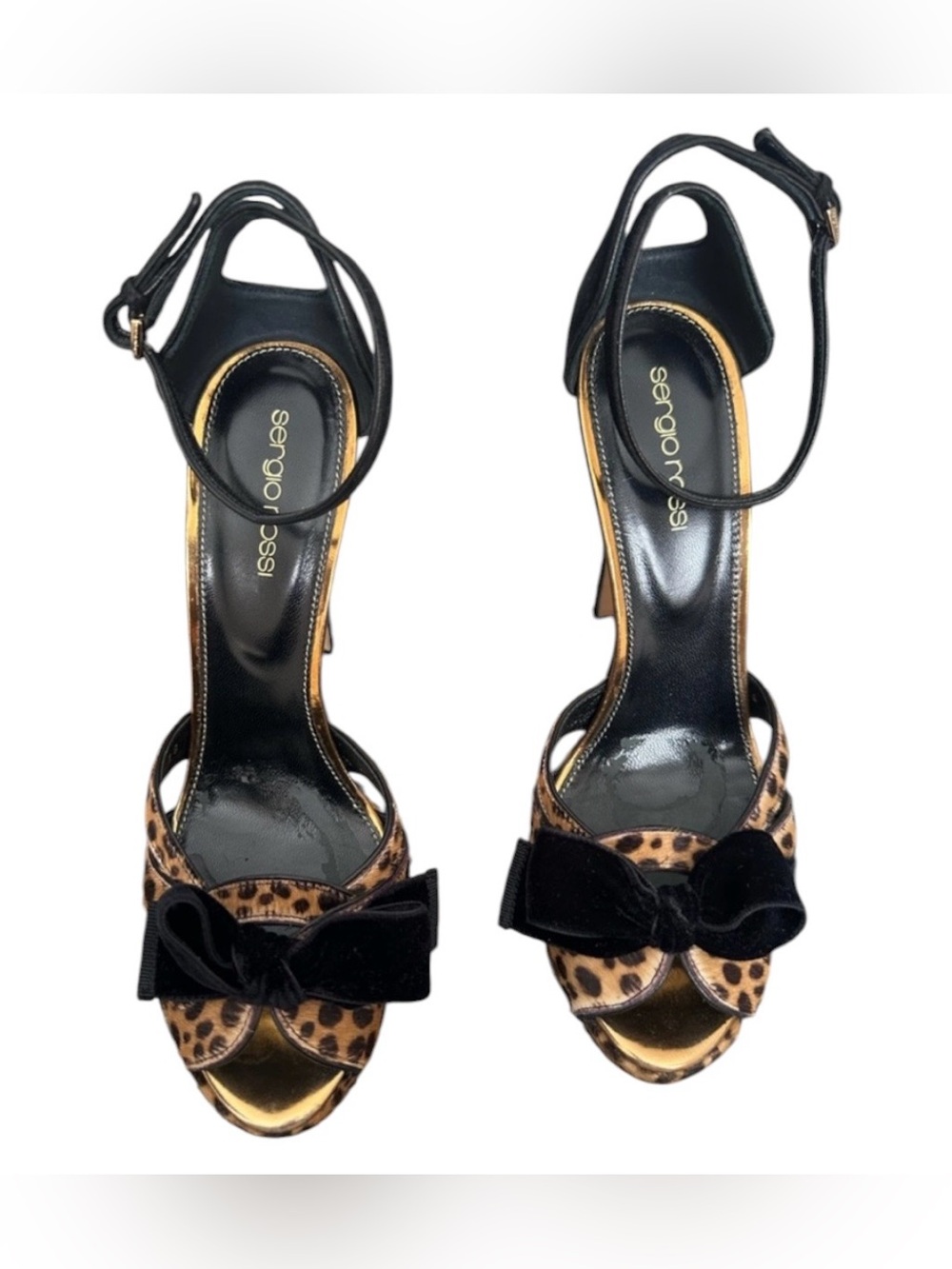 Sergio Rossi Leopard Print Peep-Toe Heels with Black Velvet Bow